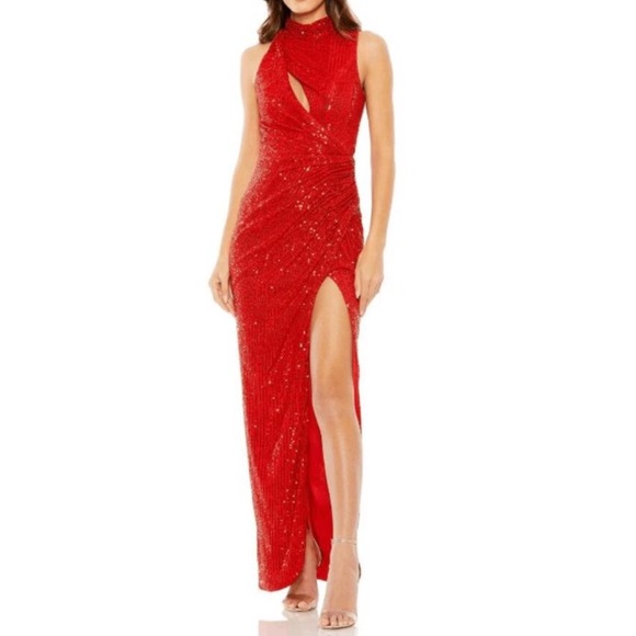 MAC DUGGAL Red Sequins Embellished Sleeveless High Neck Gathered Waist Gown